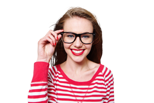 Fashion, glasses and nerd with portrait of woman on png for study, education and youth. Happy, smart and style with face of student isolated on transparent background for confidence and hipster