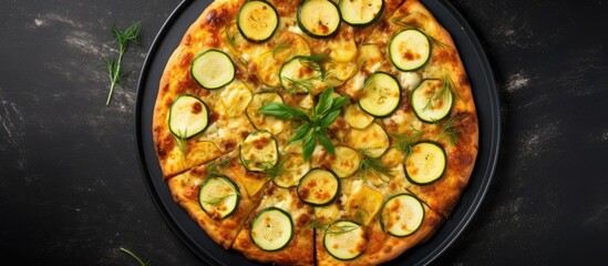 Brazilian pizza with zucchini and cheese on black concrete background close up