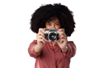 Isolated woman, journalist and retro camera for media, news and content creator by transparent png background. Paparazzi girl, photographer and vintage lens for shooting newspaper, magazine or press