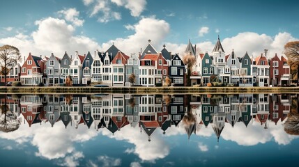 Casas de estilo holandés reflejadas en un lago. Cielo azul con nubes blancas