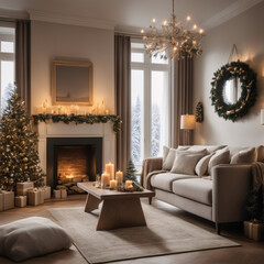 Christmas living room interior with Christmas tree and presents.