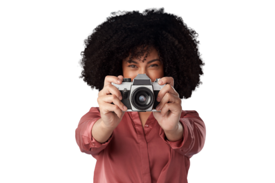 Isolated woman, journalist and retro camera for media, news and content creator by transparent png background. Paparazzi girl, photographer and vintage lens for shooting newspaper, magazine or press