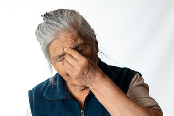 expression of stress. Caucasian elderly woman with stress. White background. stress concept.