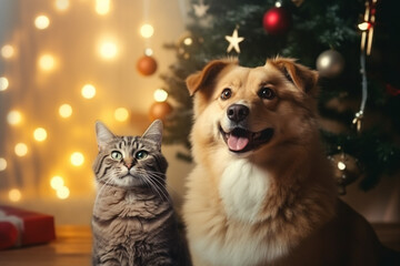 Home for the Holidays. Dog and Cat's Christmas Fun with Tree Lights