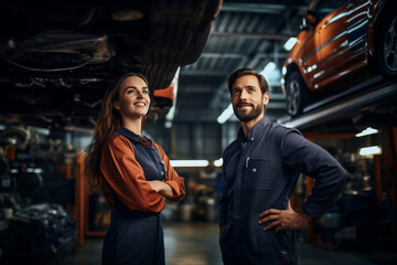 Fototapeta na wymiar Diverse Mechanic Team. Male and Female Working Together