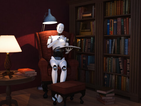 3D rendering of female robot reading book in armchair.
