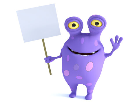 A spotted monster holding sign, waving its hand.
