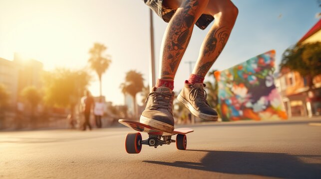 Close up cool Skater Riding On Skateboard in Urban Area. AI generated image