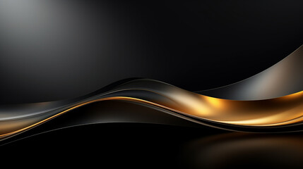 Abstract black gold wave background. Abstract 3d black background with gold lines curved wavy sparkle with copy space for text. Three-dimensional dark golden wave and black background. - obrazy, fototapety, plakaty