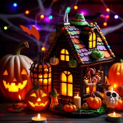 Fototapeta na wymiar colorful Halloween decoration with glowing lamp background AI Generative