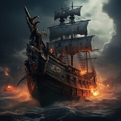 An old-style ship on a rainy and stormy night, floating in the middle of the sea 
