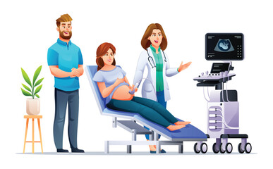 Pregnant woman have ultrasound in clinic. Couple doing consultation and check up pregnancy with doctor. Vector cartoon character illustration
