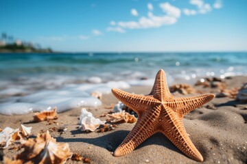 A starfish on a sandy beach next to the ocean