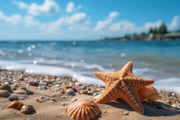 Fototapeta na wymiar A starfish on a sandy beach next to the ocean