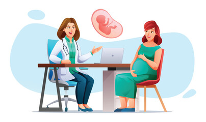 Doctor explains about pregnancy to pregnant woman. Consultation and check up pregnancy concept. Vector cartoon character illustration