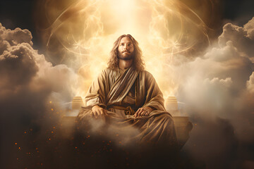 Bright light shines behind Jesus on a heavenly throne, - obrazy, fototapety, plakaty