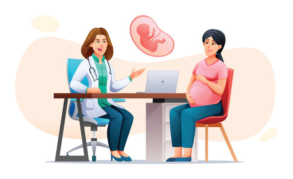 Doctor takes pregnant patient in clinic. Consultation and check up during pregnancy concept. Vector cartoon character illustration