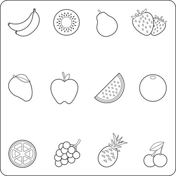 Fruits coloring page for children and adults. Hand drawing vector illustration in black outline on a white background.