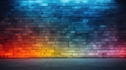 Deurstickers A brick wall with color background. A brick wall consisting of brick of different colors. A spectrum of colors or rainbow colors © LELISAT