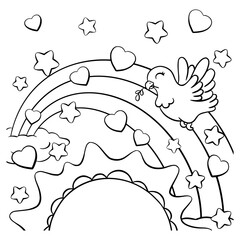 Coloring book page for kids cute dove. Cartoon style character. Vector illustration isolated on white background.