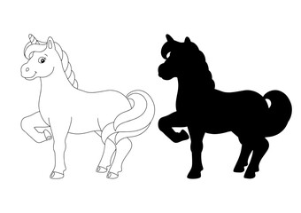 Black silhouette unicorn. Design element. Vector illustration isolated on white background. Template for books, stickers, posters, cards, clothes.