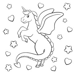 Coloring book page for kids. Cartoon style character. Cute unicorn with wings. Magic fairy horse. Vector illustration isolated on white background.