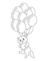 The cat is flying in balloons. Coloring book page for kids. Cartoon style character. Vector illustration isolated on white background.