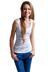 Obraz premium Happy, portrait and gen z girl with fashion, style or good mood on isolated, transparent and png background. Face, smile and female teenager model posing in casual clothes, fashionable and stylish