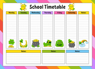 School schedule. Timetable for schoolboys. Empty template. Weekly planer with notes. cartoon character. Vector illustration. - obrazy, fototapety, plakaty