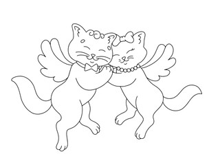 A couple of cats in love. Coloring book page for kids. Cartoon style character. Vector illustration isolated on white background. Valentine's Day.