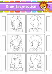 Draw the emotion. Worksheet complete the face. Coloring book for kids. Cheerful character. Vector illustration. Black contour silhouette. Vector illustration.