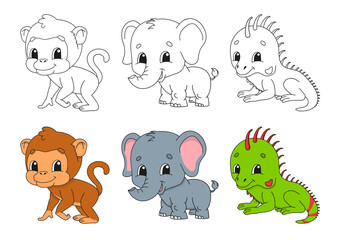 Set coloring page for kids. Cute cartoon characters. Black stroke. With sample. Bright stickers. Vector illustration.