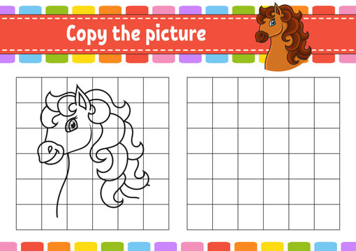 Copy the picture. Horse animal. Coloring book pages for kids. Education developing worksheet. Game for children. Handwriting practice. Coon character.