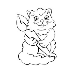 Fluffy cat artist with a brush in his paws. Coloring page for kids. Digital stamp. Cartoon style character. Vector illustration isolated on white background.