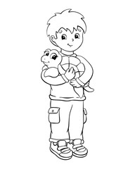 A little boy is holding a turtle. Coloring page for kids. Digital stamp. Cartoon style character. Vector illustration isolated on white background.