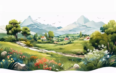 Gordijnen Natural. Cute illustration of landscape, village, countryside, meadow, flower fields and mountains white background Generative AI © arabella adaline