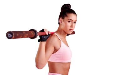 Woman, barbell and portrait of fitness, focus and sports training isolated on a transparent png background. Serious female athlete, workout and heavy weights for challenge, strong muscle and exercise