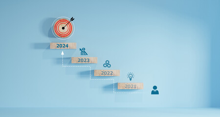 Planning and challenge strategy in new year 2024 Concept. wooden Target objectives with business...