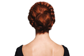 Beauty, braid and hair care with back of woman on png for ballet dancer, cosmetics and red head. Ginger, hairstyle and salon treatment with person isolated on transparent background for shampoo
