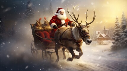 Rendering Santa flies his reindeer drawn sleigh against snow covered trees winter. AI generated