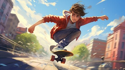 Close up cool Skater Riding On Skateboard in Urban Area. AI generated image - obrazy, fototapety, plakaty