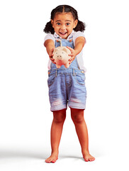 Excited, portrait or girl with a piggy bank, money planning or savings isolated on a transparent background. Future, kid or female child with investment, smile or cash box with png, finance or budget