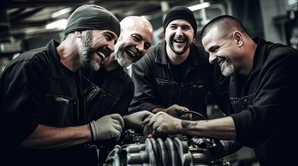 Group of male mechanics in auto repair shop - obrazy, fototapety, plakaty