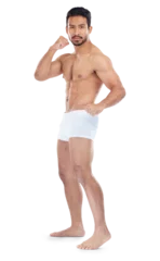 Fotobehang Fighter, underwear or portrait of man in martial arts, exercise or training workout isolated on png background. Healthy person, full body or topless sports athlete ready to start mma battle or boxing © peopleimages.com
