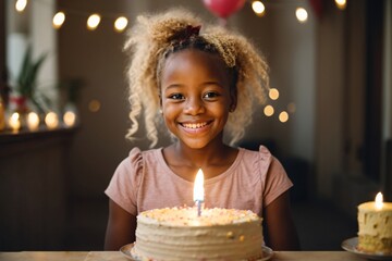 Beautiful happy and smirking young african girl celebrating her birthday with birthday cake with candles while smiling at the camera, child birthday celebration. Generative Ai.