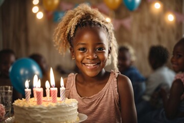 Obraz na płótnie Canvas Beautiful happy and smirking young african girl celebrating her birthday with birthday cake with candles while smiling at the camera, child birthday celebration. Generative Ai.