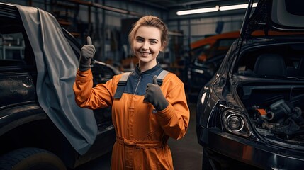 Young woman in mechanic suit in auto repair shop