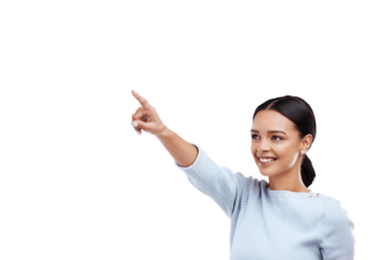 Pointing, presentation or happy girl with sale offer, retail promotion or discount deal isolated on png. Transparent background, smile or woman showing information, choice or advertising announcement