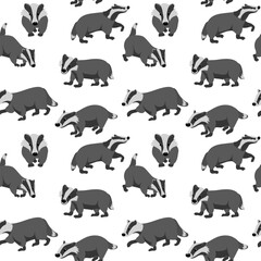 vector drawing seamless pattern with badgers, hand drawn animals at white, cartoon style background for children textile or wallpaper