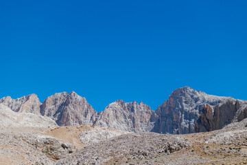 Aladaglar National Park. Cloudy mountain landscape. Transmountain trips. Trekking Aladaghlar. Turkey..
